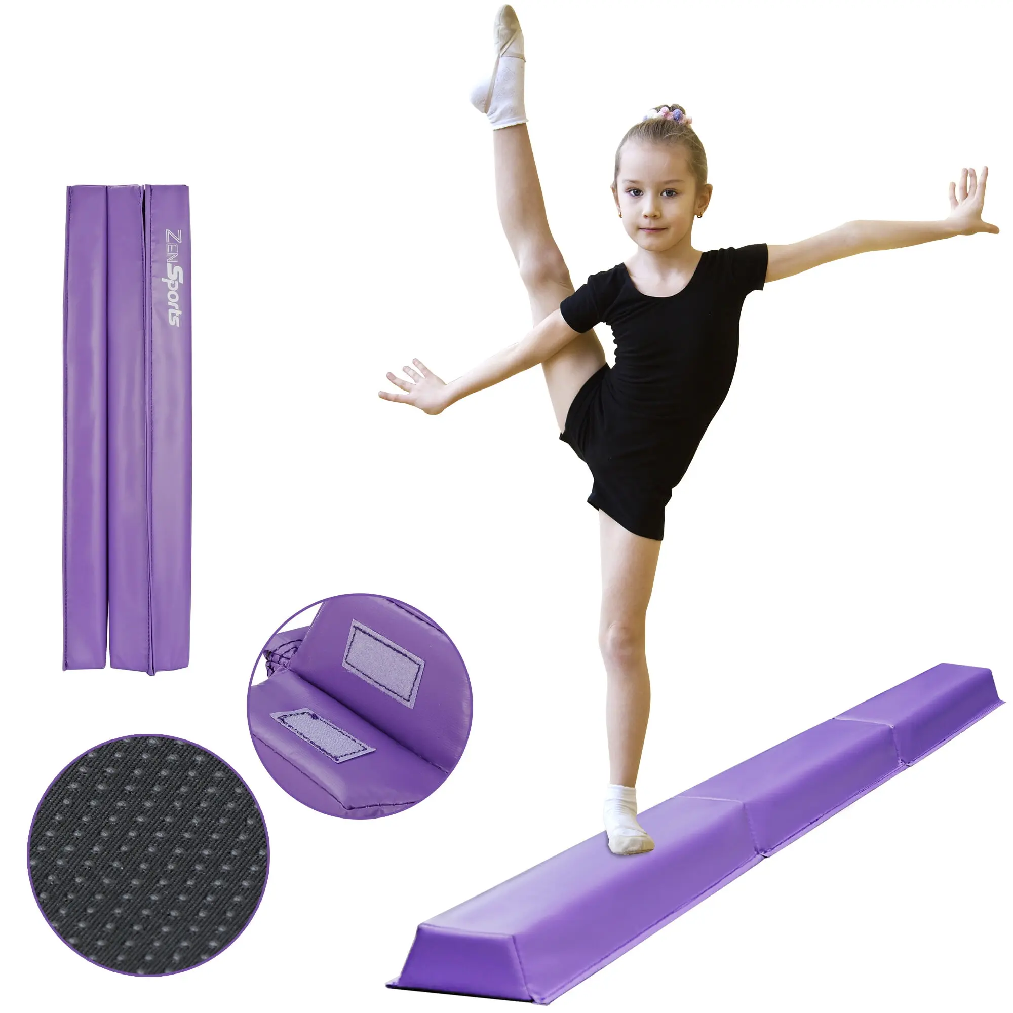 Zeny Gymnastics Balance Beam, 9FT Tri-Fold Purple PVC Equipment for Kids' Home Training, Portable with Anti-Slip Base and EPE Foam Core, 107.4’ Long, Workout Equipment, Sturdy