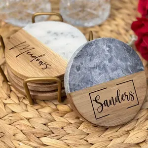 Personalized Custom Marble Wooden Coasters for Couples Gifts Wedding Engagement Anniversary Housewarming Upscale Classy Gifts for All Four Seasons White Elegant