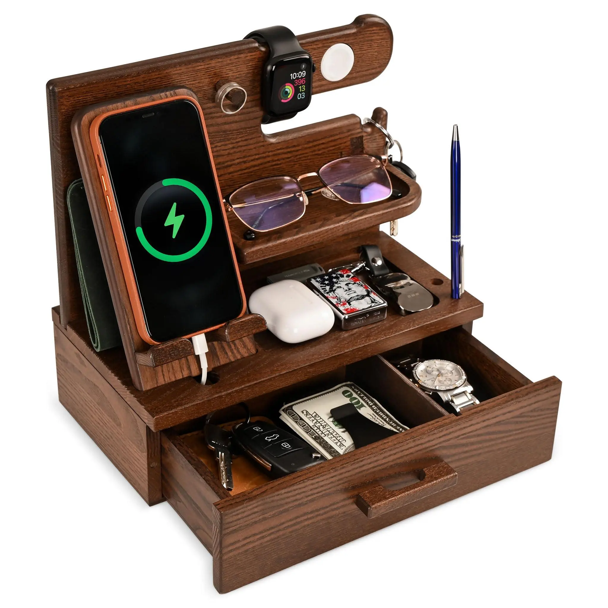 Wood Phone Docking Station With Drawer - Nightstand Organizer Desk For Husband Birthday Gifts Men  Dad Anniversary Idea Key Holder Stand Watch & Accessories (bourbon Brown)