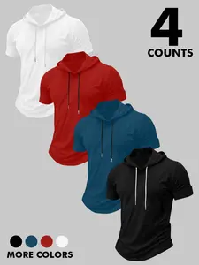 Men's 4-Pack Short Sleeve Hooded Workout Shirts, Workout Apparel, Activewear T Shirt, Quick Dry Athletic Gym Tops, Slim Fit Curved Hem Casual Hoodie Tees for Training, Running, Fitness #tiktokmademebuyit