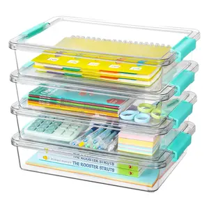4pcs Transparent Plastic Storage Boxes with Lids, Stackable Art Supplies Organizer, Bulk Storage Organizer, Home Office Craft Container Set, Durable & Space-Saving Design