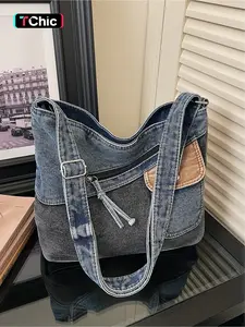 Vintage denim patchwork shoulder bag with multi pocket design, crossbody bag with personalized trendy handbag, daily outdoor commuting bag
