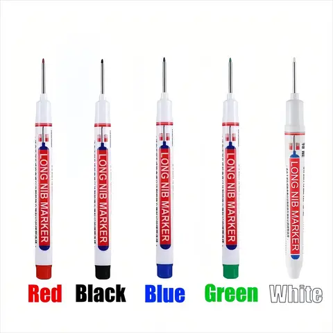 5-Count Permanent Oil Marker Set (Red+Black+Blue+Green+White) - 20mm Tip Deep Drill Hole Long Nib Pens, Quick-Dry Waterproof Ink, Clean-Marking Office Stationery for Carpenters, Automobile Manufacturing, Polypropylene Surfaces