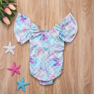 Toddler Baby Little Girls Bathing Suit Fish Scale Printed Short Ruffle Sleeve Swimwear Triangle Bottom Slim-Fit Swimsuit