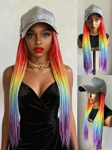 Ombre 26INCH Long Vibrant Ombre Neon Rainbow Box Braided Synthetic Wig With Silver Baseball Cap Braiding Hair Extensions For Black Women