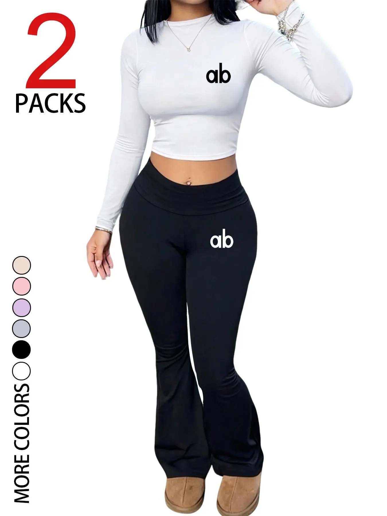 Women's Casual Round Neck Long Sleeve Top & Slim Fit Bell Yoga Pants Set, Workout Sets Women, Sportswear Set, Comfortable Soft Fabric, Perfect for Outdoor Shopping Travel