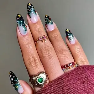 SHEDARES Christmas Tree Fantasy – Handmade Almond Press-On Nails with 3D Christmas Tree Tips, Gemstone Ornaments & Golden Star Details – Perfect for Winter Parties, Holiday Glam & Christmas Events