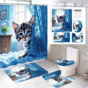 4pcs Charming Blue-Eyed Tabby Kitten Shower Curtain Set with Matching Toilet Seat Cover & Floor Mats - Perfect for a Cozy Spring Bathroom Refresh - Adorable Cat Décor for a Bright and Playful Vibe
