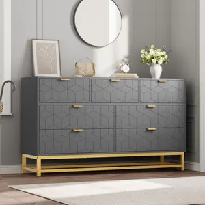 Grey Dresser for Bedroom,53.5" Wide Dresser Organizer,7 Drawer with Golden Metal Handle and Legs,Modern Chest of Drawers for Closet,Hallway,Living Room,Entryway