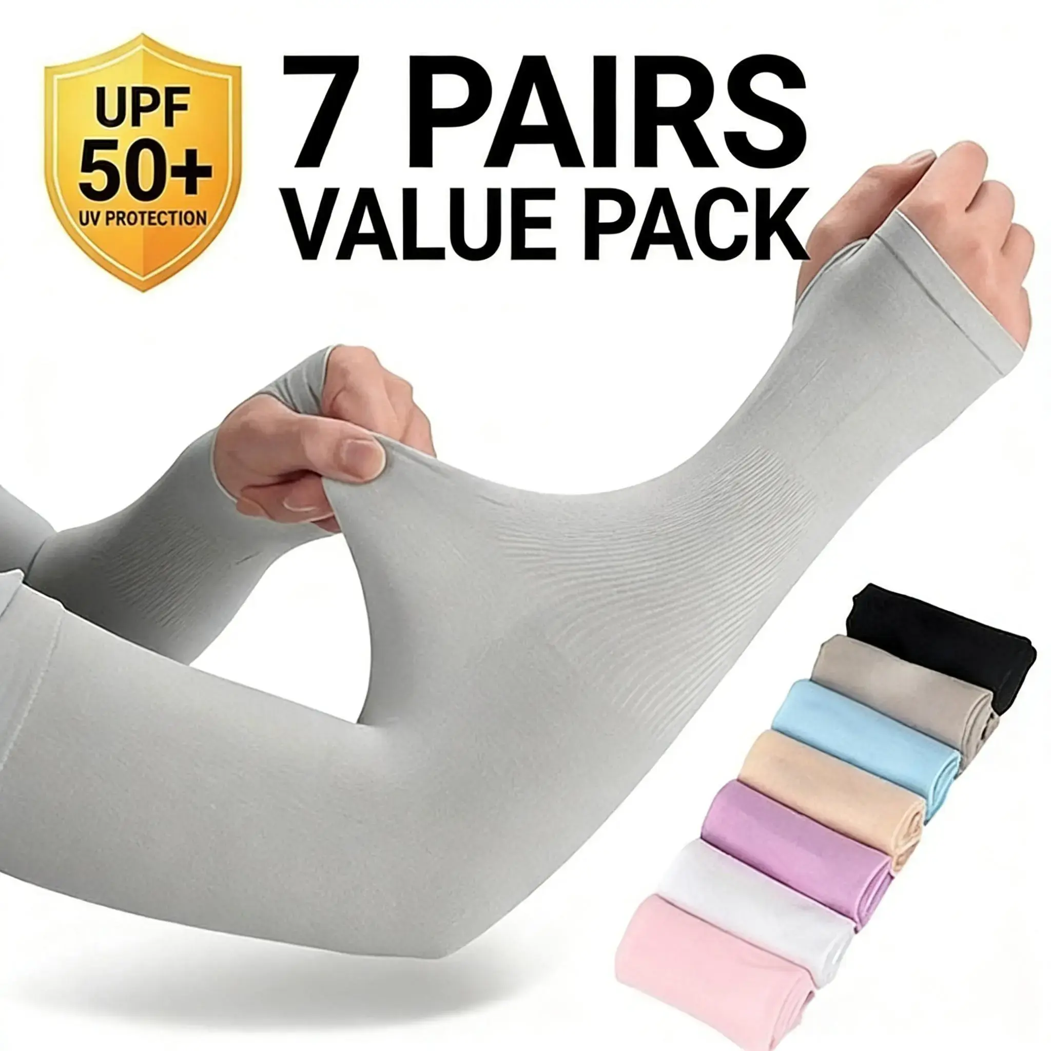 7 pairs of UV protection cooling arm sleeves for men and women, designed with thumb holes. Soft and breathable, great for driving, golf, fishing, cycling and hiking outdoors.