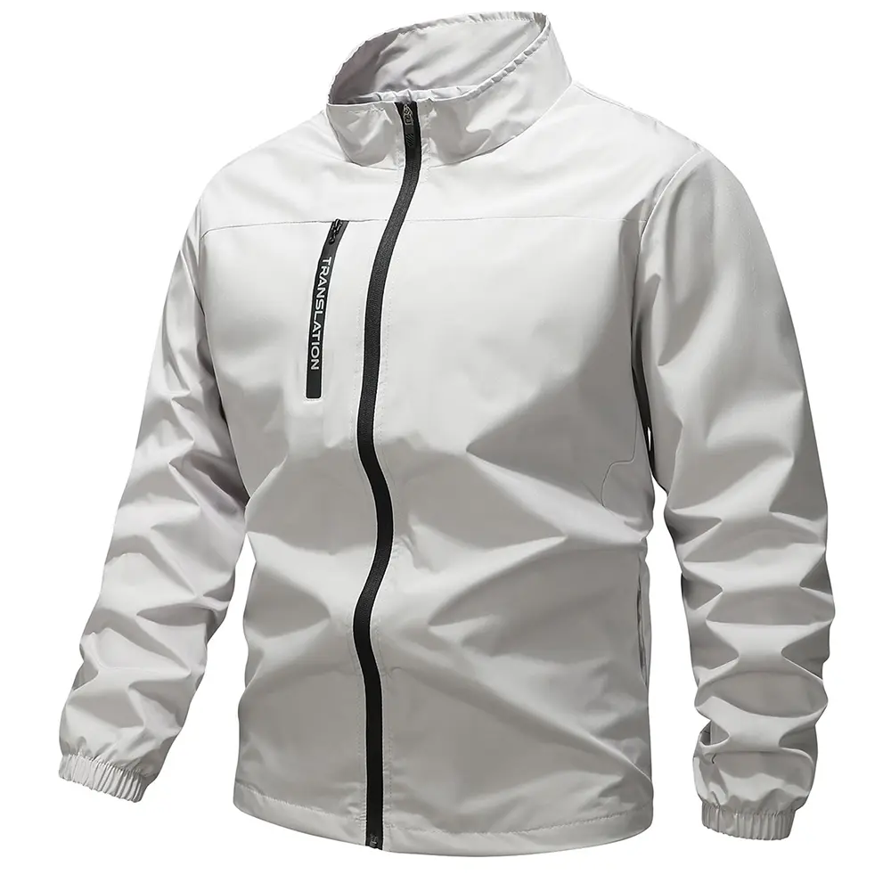 Men's Stand Collar Polyester Lightweight Windbreaker - Full Zip, Wind-Resistant Jacket with Zipper Pockets, Plain Letters, for Cycling, Daily Commute