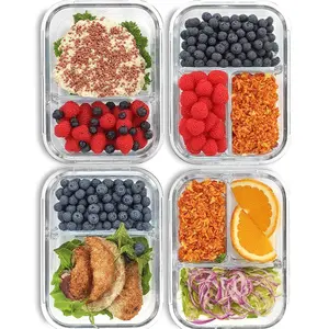 8 Pcs Glass Food Storage Containers with Lids, 2 & 3 Compartment Glass Airtight Meal Prep Containers (4 Containers & 4 Lids), Oven & Freezer Safe, Leak Proof - Grey