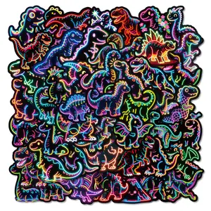 56 Piece Neon Dinosaur Stickers Set, Fun Variety Rainbow Style Vibrant Visuals Durable Unique Vinyl Decals for Water Bottles, Laptops, Scrapbooks, Skateboards, Journals, Adhesive Decals