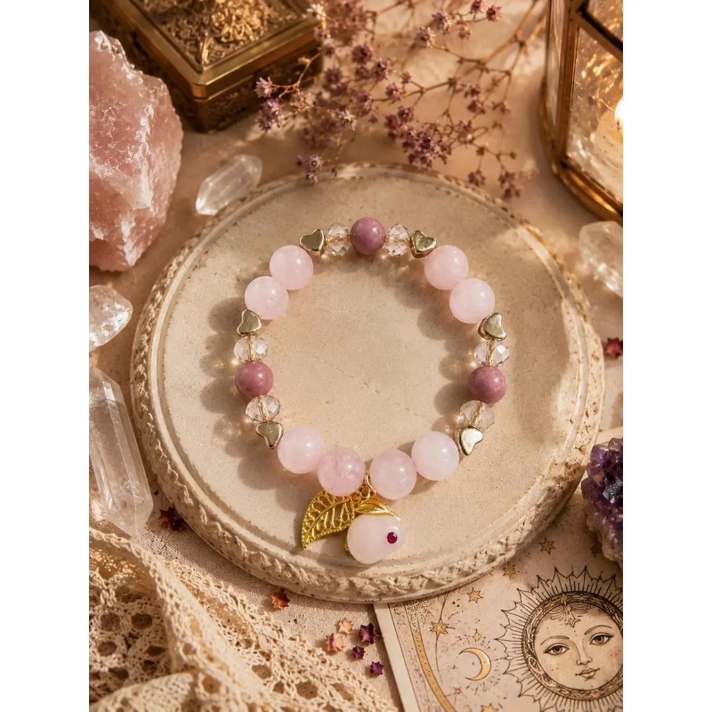 Alma Gitana Love & Emotional Healing Bracelet with Rose Quartz and Rhodonite for Inner Peace and Self-Love Handcrafted with Gold Accents
