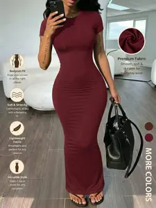 Women's Crew Neck Short Sleeve Maxi Dress, Ladies Sexy Bodycon Slim Fit Long Casual Dress, Premium Stretchy Coffee Brown Gown, Versatile Summer Night Outfits