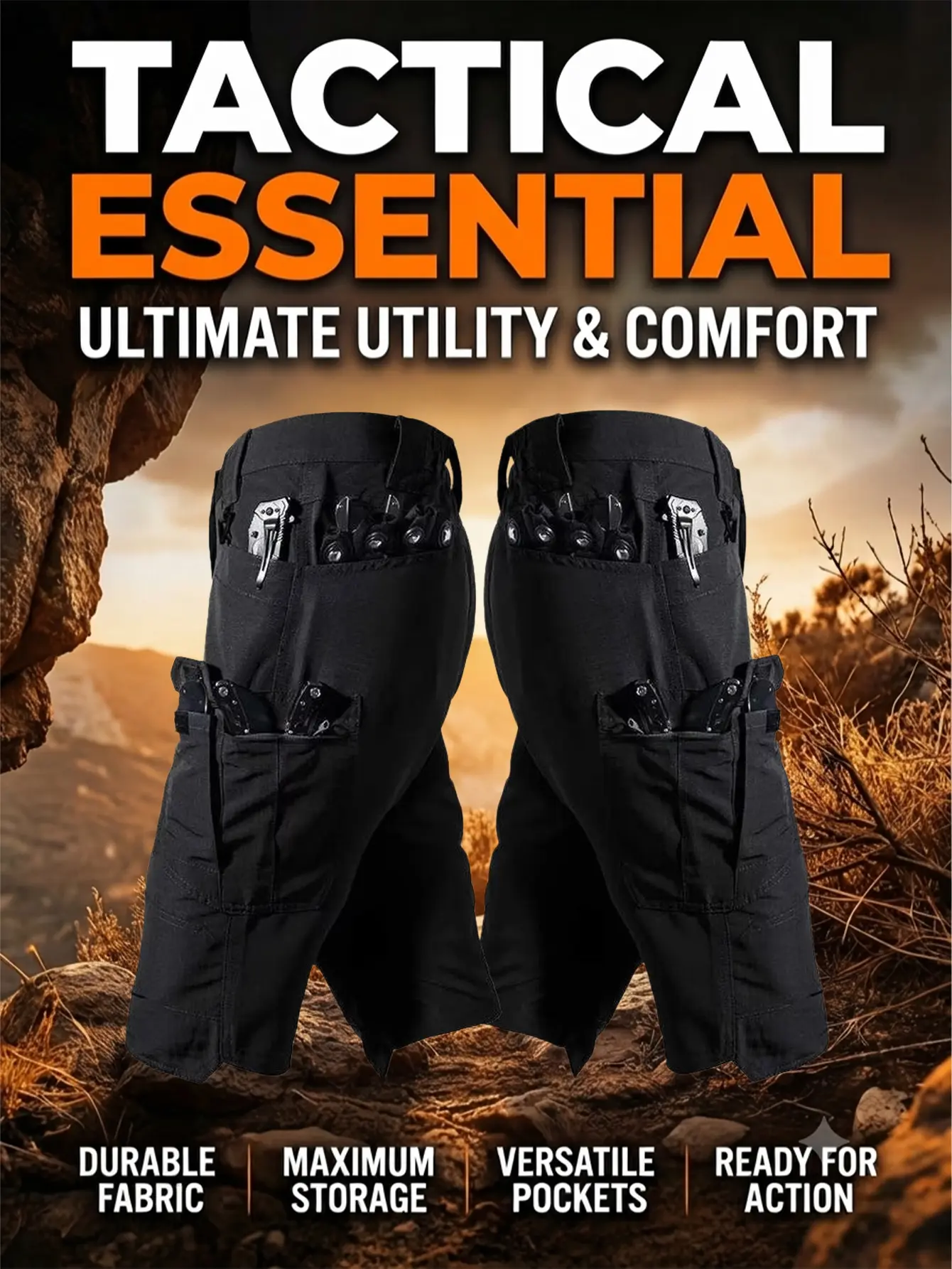 Men's Tactical Cargo Shorts, Straight Cut Mid Waist Design in Tear-Resistant Polyester Fabric with Multi-Pockets and Button Closure for Outdoor Work