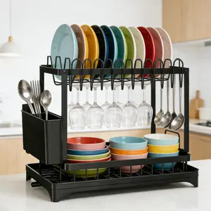 2 Tier double layer Dish dryer Drying Rack for Kitchen Counter - space-saving compact Large Capacity storage Dish Drainer with 360° Rotatable Swivel Spout & Drainboard, Space Saving Metal Kitchen Organizer for cup Dishes, Bowls, and Utensils (Black)