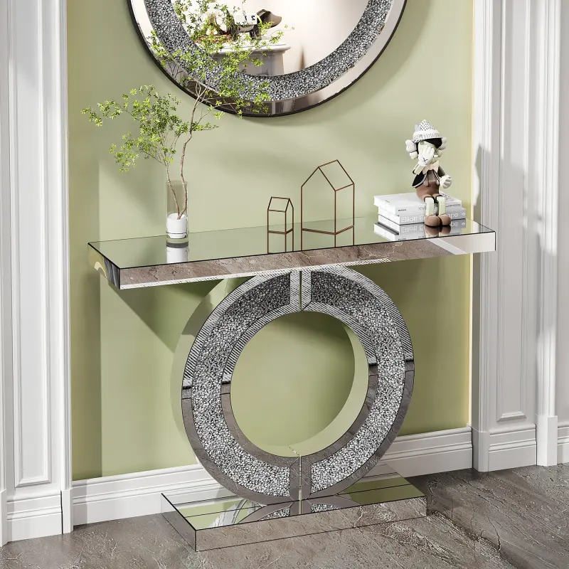 43-Inch Mirrored Modern Glam Console Table with Crystal O-Shaped Base, Modern Accent Table for Living Room, Hallway Entryway Furniture, Living Room Decor