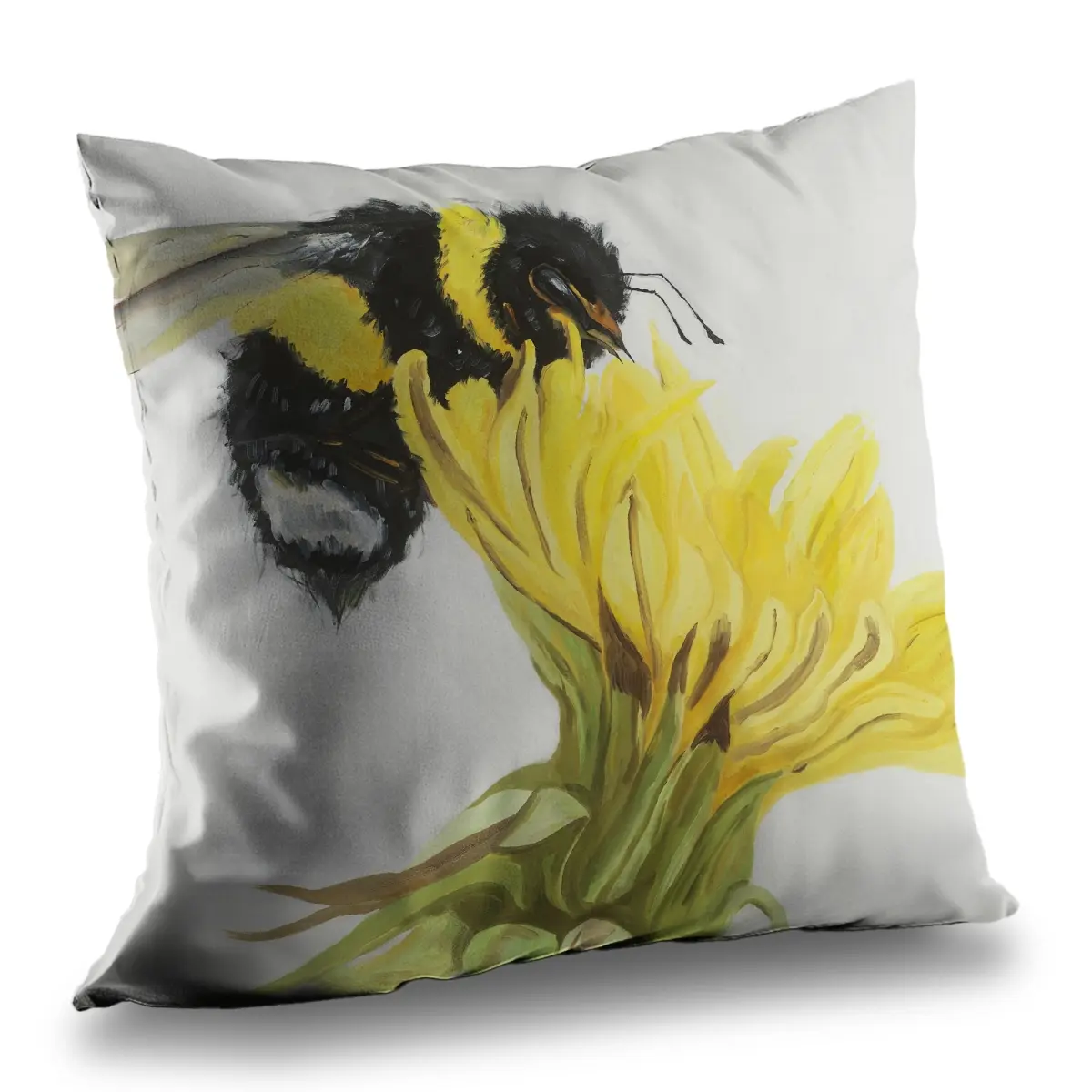 Begin Home Decor C1PT1414TGGKY8 14 x 14 in. Little Bumblebee on A Dandelion - Livingroom Flowers Pillow, 14X14 In, Poly Twill