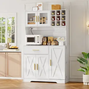HOOBRO Pantry Cabinet with LED Lights and Charging Station, Kitchen Pantry Cabinet, 71" Tall Farmhouse Pantry with Microwave Shelf, Door Shelves, Wine Rack and Glass Holder, White #SummerVibes