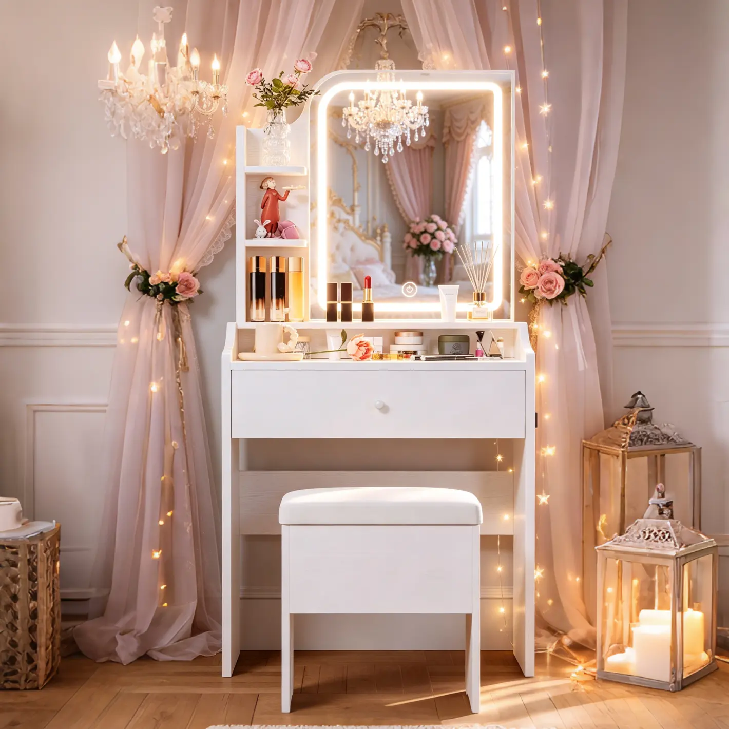 Modern Makeup Vanity - White Indoor Furniture with LED-Lit Mirror, Dual Drawer Storage, Drawer Organizer, Built-In Storage, Compact Vanity Desk, Suitable for Bedrooms, Dorms, Built-In Storage Makeup Vanities