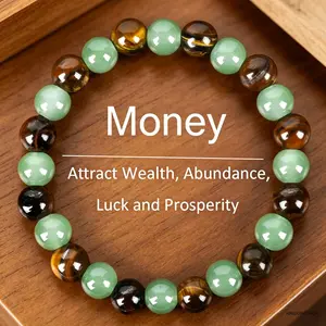 Crystal beaded bracelet, 1 piece. Colorblock wrist jewelry “Arpurraina” money magnet featuring green aventurine and tiger’s eye. Gemstone accessory for manifesting abundance, good fortune, and protection. A meaningful encouragement gift for everyday spiri