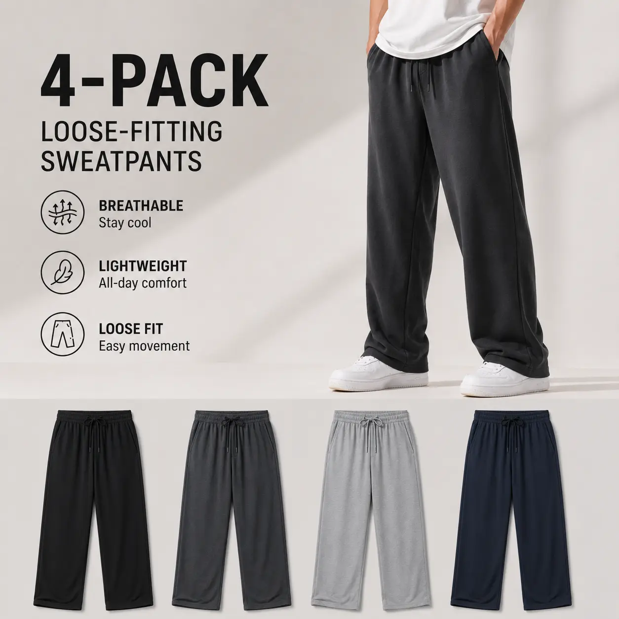 4-Pack Men's Loose Fitting Casual Pants for Fall Relaxed Fit Oversize Clothing Comfortable Drawstring Lounge Pants with Pockets  Workout Stylish Black And Deep Gray, Beige
