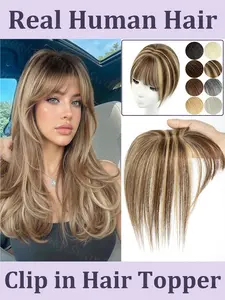 Balayage Human Hair Topper 8inch-14inch Real Natural Straight Top Human Hair Piece Center Part with Air Hair Bangs Thinning Hair for Women Hair Clip Extensions