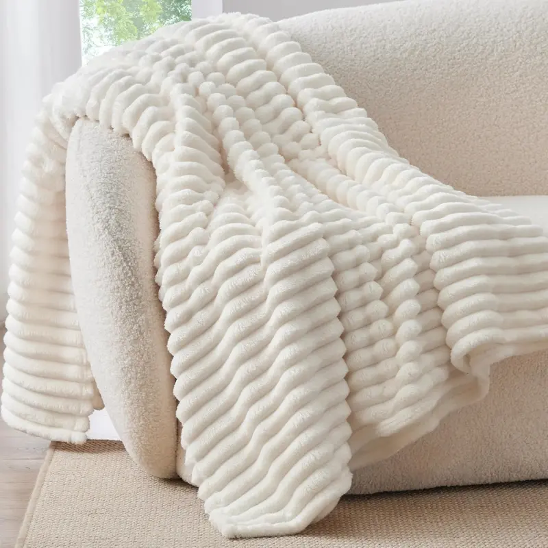 Cream White Striped Double-Layered Fluffy Decorative Throw Blanket (50"x60"), Soft-Touch Home Bathroom Towel Supply, Modern Living Room Decor, Unisex Gift Option, Decorative Blanket, Throw Blankets
