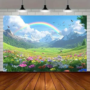 1pc 2D Flat Mountain Meadow Landscape Backdrop with Rainbow, Flowers & Birds - Vibrant Nature Scenery Photography Background for Parties, Events, Studio Decor - No Electricity Needed, Durable Pol