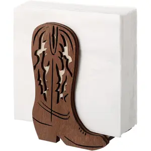 Farmhouse Western Cowboy Boot Napkin Holder Rustic Brown Wooden Open Top Stand Stable Base Vintage Charm Ideal for Home Kitchen Office Party Decor