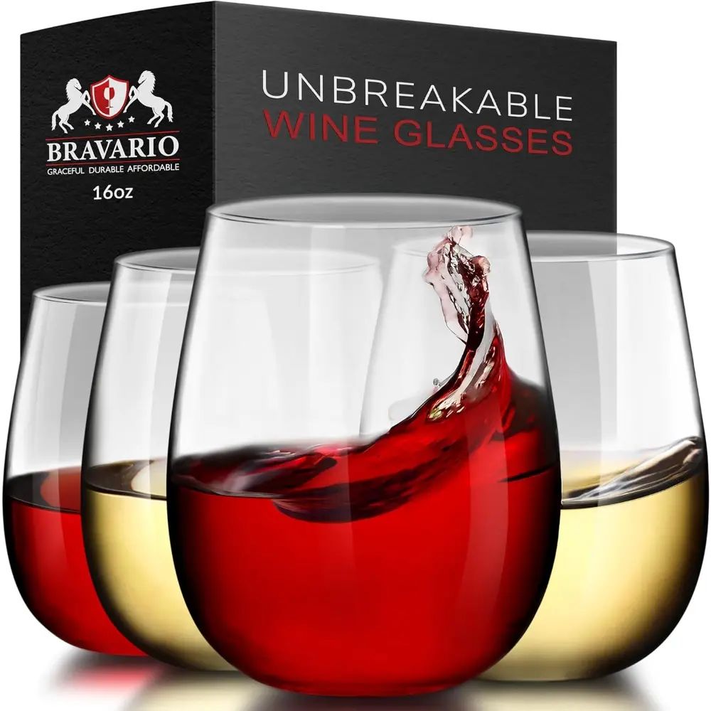 16oz Unbreakable Stemless Plastic Wine Glasses Set of 4 - 100% Tritan, BPA-Free (Bisphenol A-Free), Reusable, Shatterproof, Dishwasher Safe Cups for Adults’ Indoor, Beach, Camping Use, Ideal for Anniversaries, Four Pieces, Bisphenol A (Bpa)