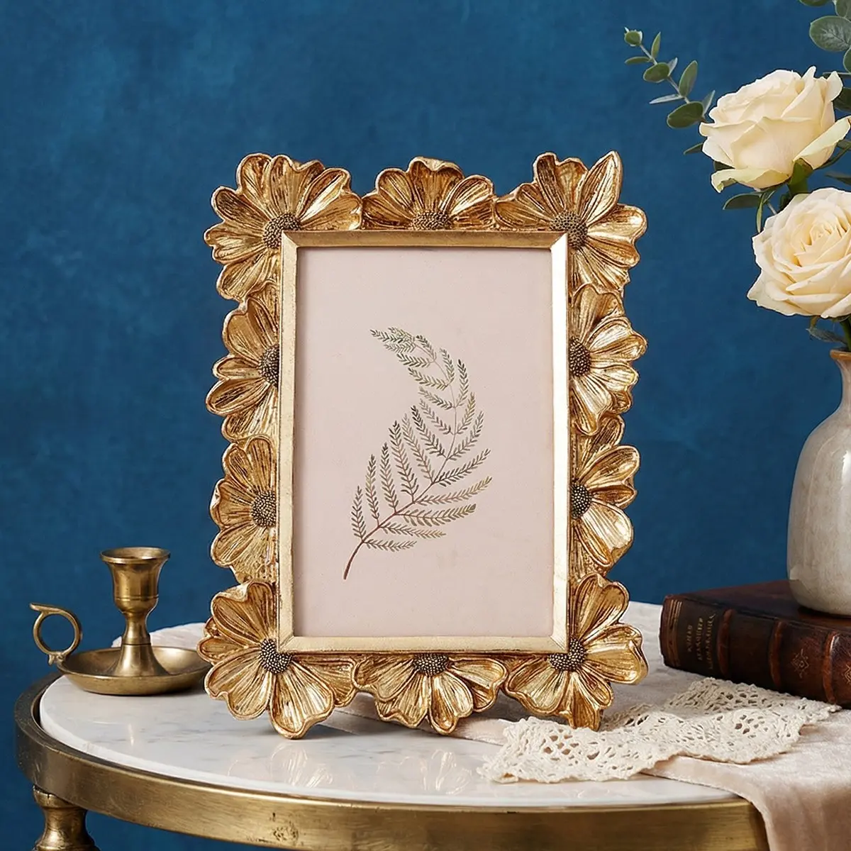 European Style Daisy Flower Pattern Frame, Resin Hand-Painted Photo Display, Indoor Desktop Decor, Home Decoration, Wedding, Party Decoration