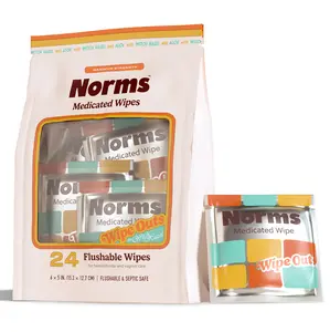 Norms Wipe Outs Hemorrhoid Wipes, 24ct Individually Wrapped Witch Hazel Wipes with Aloe to Soothe and Cool Itching, Burning and Irritation, Flushable Septic Safe, Plant Based & Plastic-Free