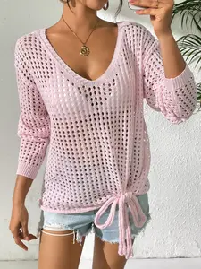 Bow Tie Butterfly Long Sleeve Cover-Up, V Neck Hollow Out Sun Protection Top, Loose Knit Summer Shirt, Perfect for Beach Vacation, Beach Cover Ups, Summer Coverup