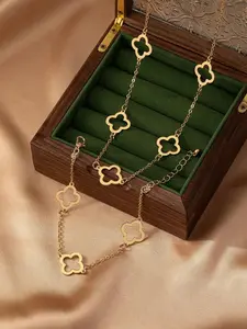 18K Gold Plated Four Leaf Clover Jewelry Set - Hypoallergenic Stainless Steel Hollow Clover Necklace & Bracelet Set, Adjustable Lucky Charm Jewelry for Women, Daily & Gift Wear Accessory Set
