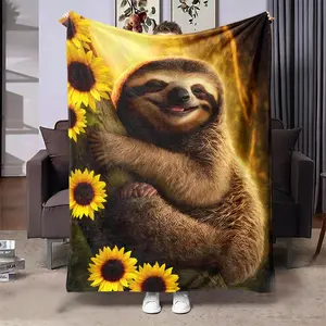 Cartoon Sloth & Sunflower Pattern Blanket, 1 Count Soft Warm Nap Throw Blanket, Air-conditioned Room Blanket for Home Office Travel Dormitory Camping, Soft Cozy Blanket