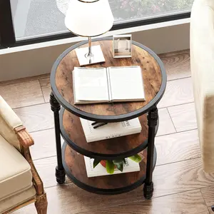 Side Table, Industrial End Table with 3 Tier Shelves, Wood Sofa Table with Storage Organizer, Metal Frame Bedside Table Night Stand for Living Room, Bedroom, Small Spaces, Vintage Brown