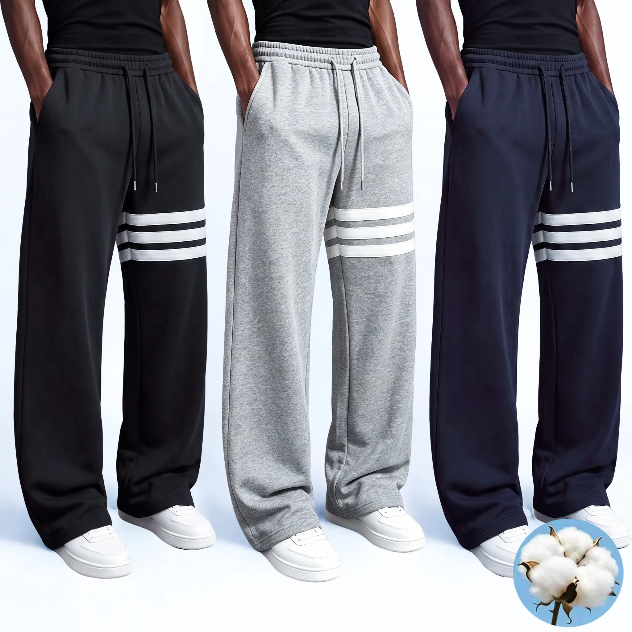 Men’s cotton long pants, fleece-lined and thickened, striped straight-leg joggers, loose straight-leg athletic pants, elastic drawstring waist, street casual running pants