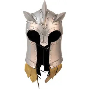 Medieval Warrior Kings Guard Fantasy Helmet 18 Gauge Steel Greco-Roman Design Leather Lining T-visor Wooden Display Stand