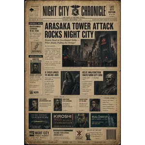 Cyberpunk 2077 Inspired Poster – Night City Chronicle Newspaper Print (Arasaka Tower Attack)