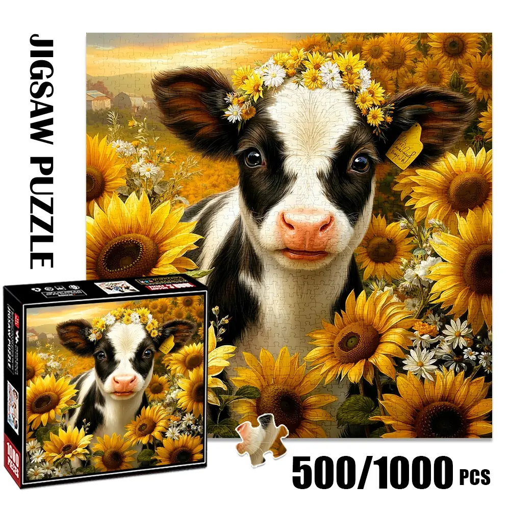 1pc 1000 piece adult puzzle 58x58cm Cute Cow with Flower Crown Surrounded by Sunflowers 500 pieces paper jigsaw puzzle suitable for DIY creative games for adults and families, birthday and holiday s