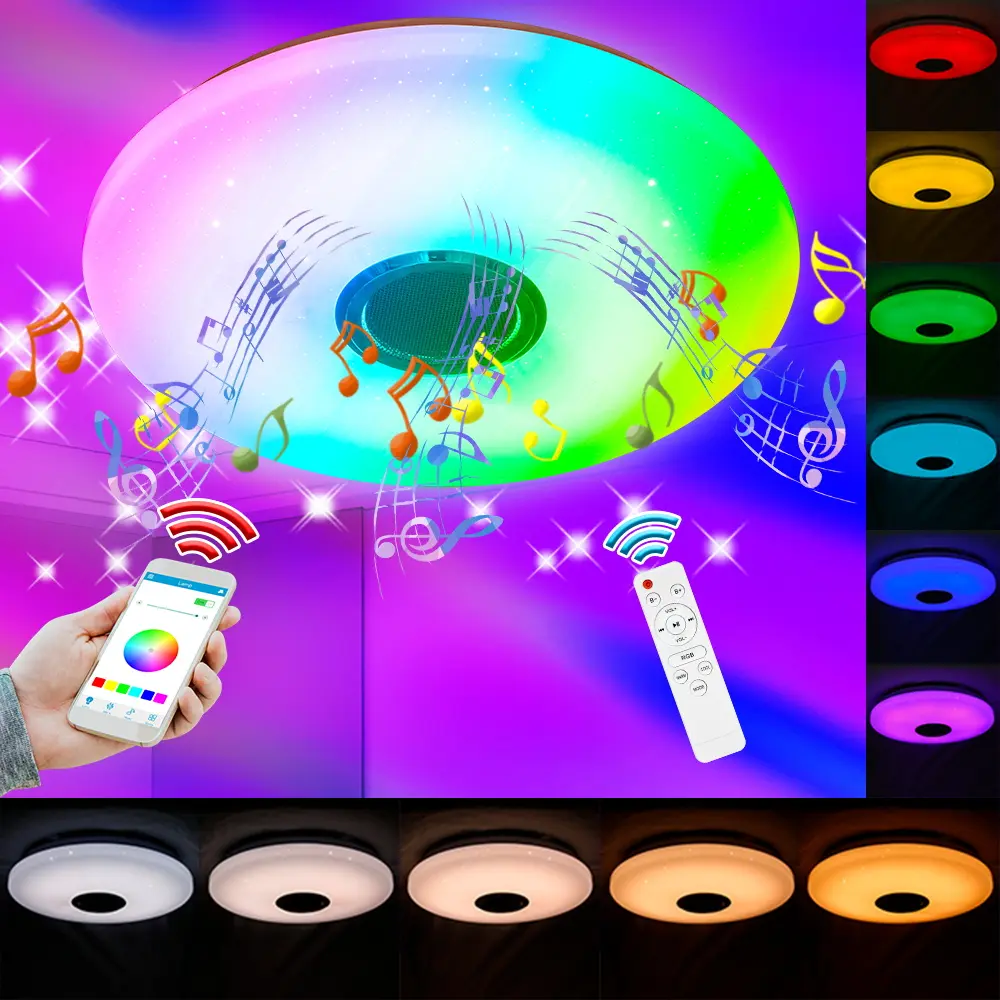 RGB LED Bluetooth Music Ceiling Light with Remote DSP Melody Player 256Colors Dimmable BT APP Control 100-240V Smart Timing Function Memory Mode Atmosphere Lamp Esports KTV Bar Festival Party Mlticolor Mood Decoration