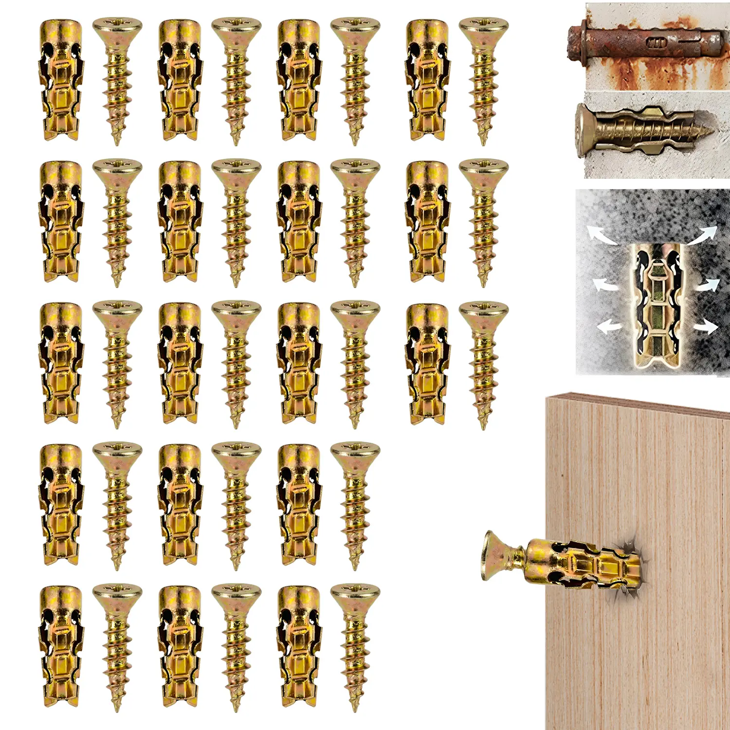 SETIPS 6×14mm Door Hinge Thread Repair Expansion Screw Set, Short Galvanized Expansion Wall Anchors, Stripped Thread Fix Fastener Kit for Sagging Cabinet Door, Drywall, Concrete, Tile & Stone Mounting, 30/60 Pack Options