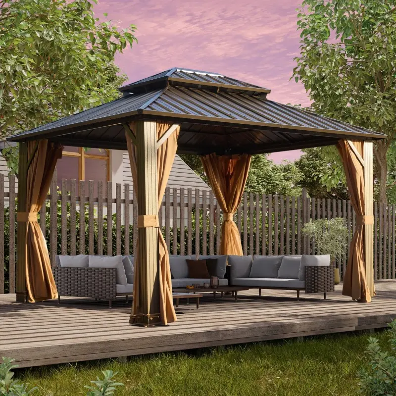 10'x12' Hardtop Gazebo with Galvanized Steel Roof & Aluminum Frame, All-Weather Permanent Outdoor Pavilion with Mosquito Netting & Curtains for Patio, Garden