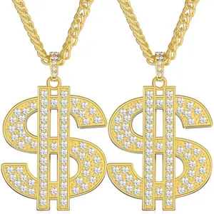 2 Count Dollar Sign Necklace for Men, Gold & Silver Plated Hip Hop Chain with Dollar Pendant, 80s 90s Retro Jewelry for Halloween Party Gifts