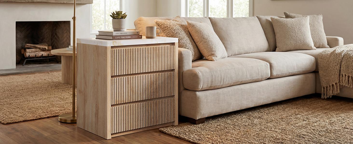 Sikaic 31.5” Wide Oversized Fluted Nightstand, Slatted 27.6”Tall Night Stands, Extra Large Wood Bedside Table, 3 Drawers, Mid-Century Modern End Table Bedroom, Living Room, Thickened