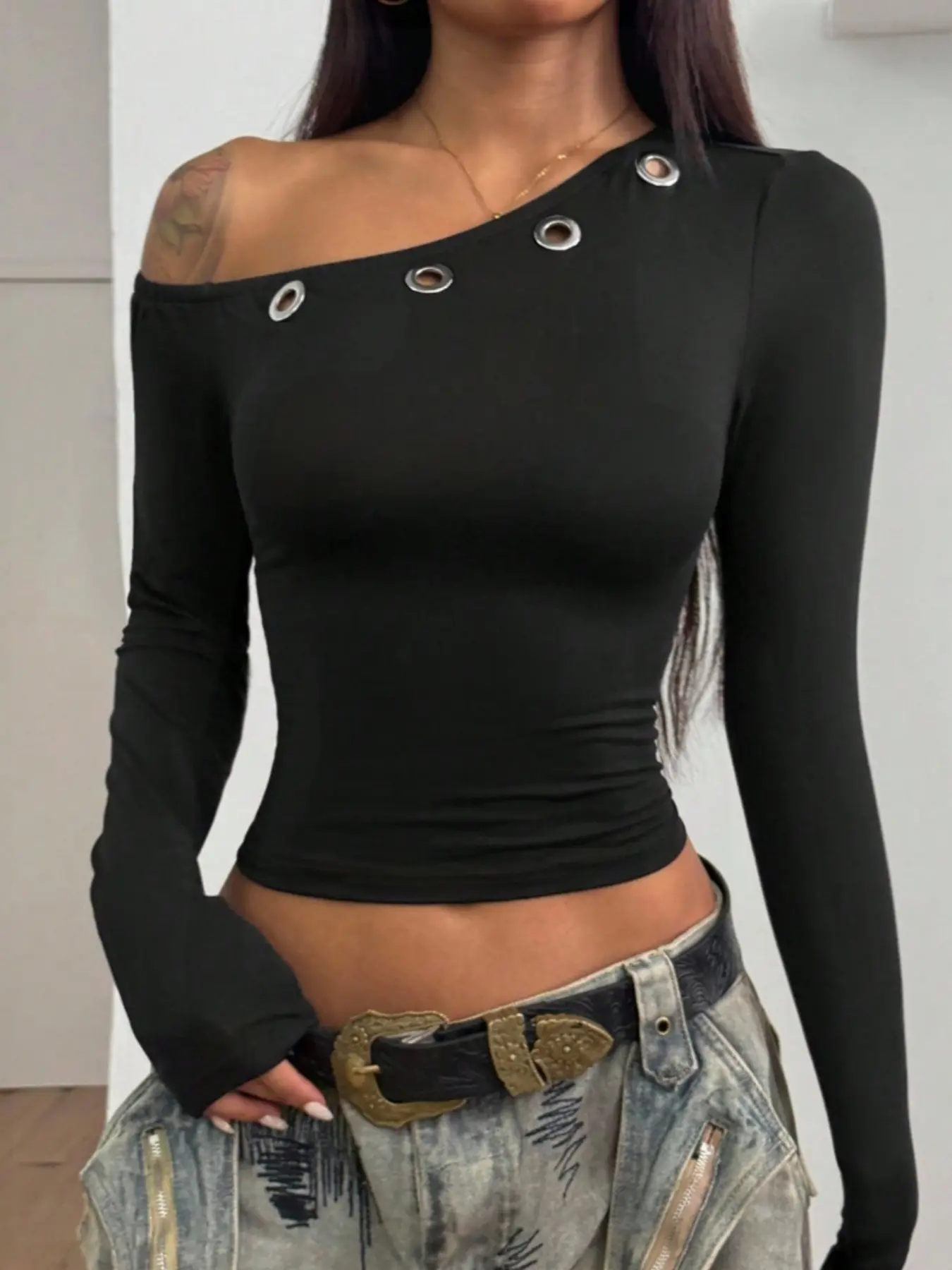 Women's Fashion Asymmetrical Neck off Shoulder Pullover Fitted Long Sleeve T-Shirt, Womenswear, Trendy Eyelet Design, Chic Casual Fit, Comfortable Casual Everyday Spring & Fall Top, Single Wear or Layered Look, Apparel, Lady, Casual Tops