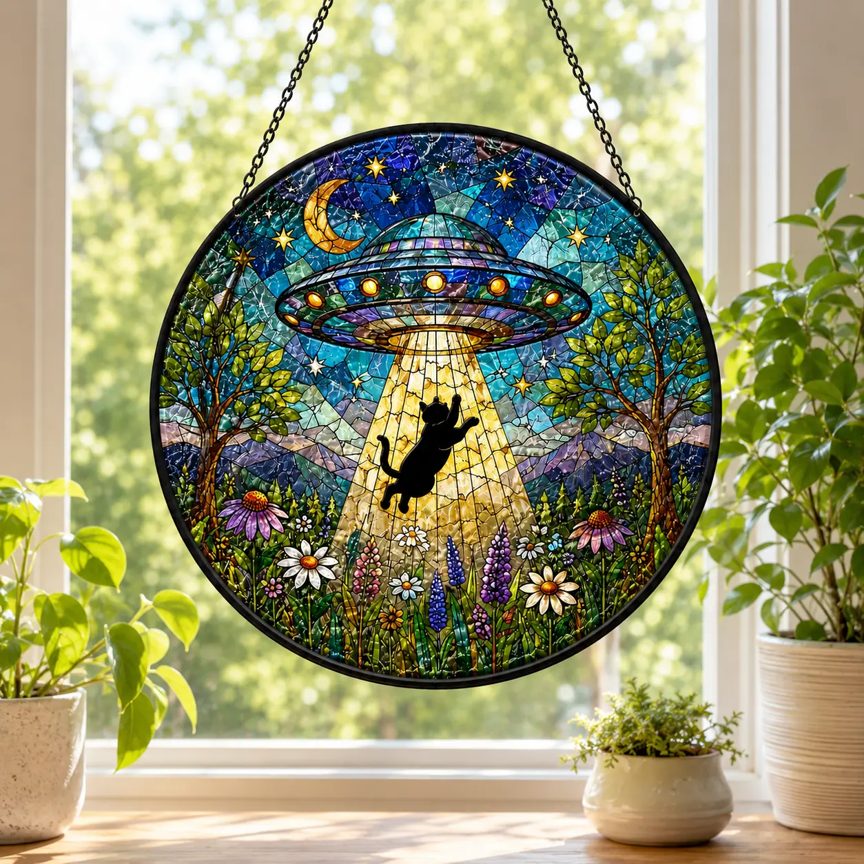 UFO Black Cat Stained Glass Style Suncatcher, Alien Abduction Window Hanging, Cosmic Wildflower Decor, Sci-Fi Cat Lover Gift