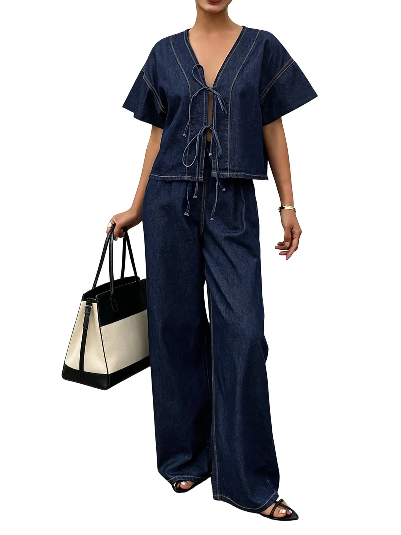Women's Denim Two-Piece Set, Short Sleeve Tie-Back Top, High-Waisted Wide-Leg Baggy Pants, Casual, Loose Fit All Seasons